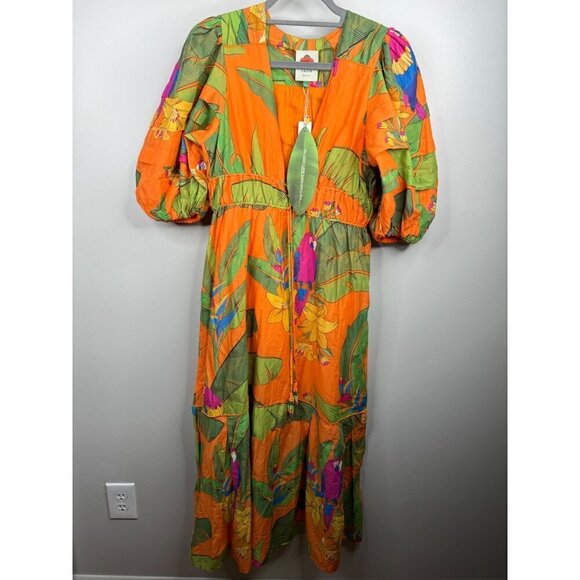 Anthropologie Farm Rio Orange Fresh Macaws Midi Dress Size XXS $290 Colorful - Picture 5 of 6